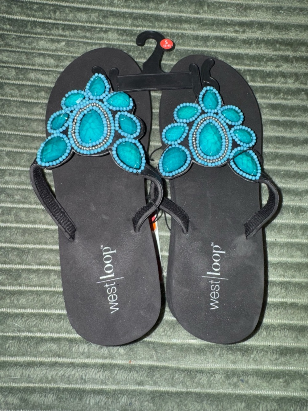 west loop Black Flip Flops with Turquoise Beaded Embellishments